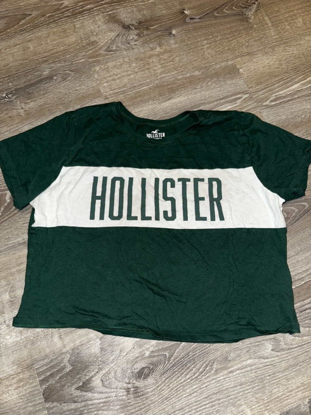 Hollister Dark Green and White Logo Crop Tee